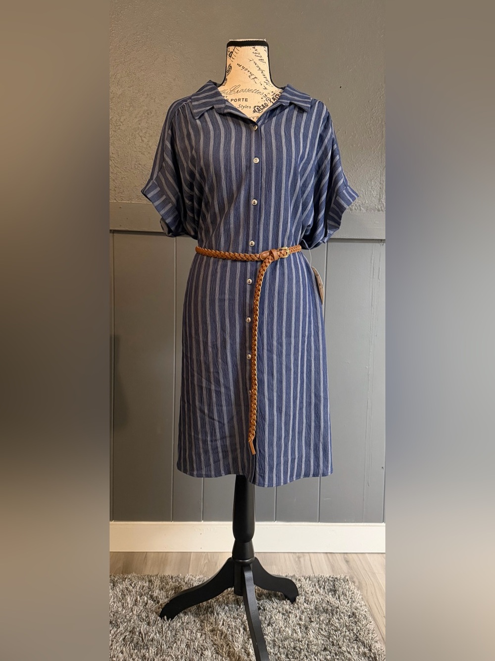 NAIF Blue and White Striped Midi Shirt Dress with Tan Belt